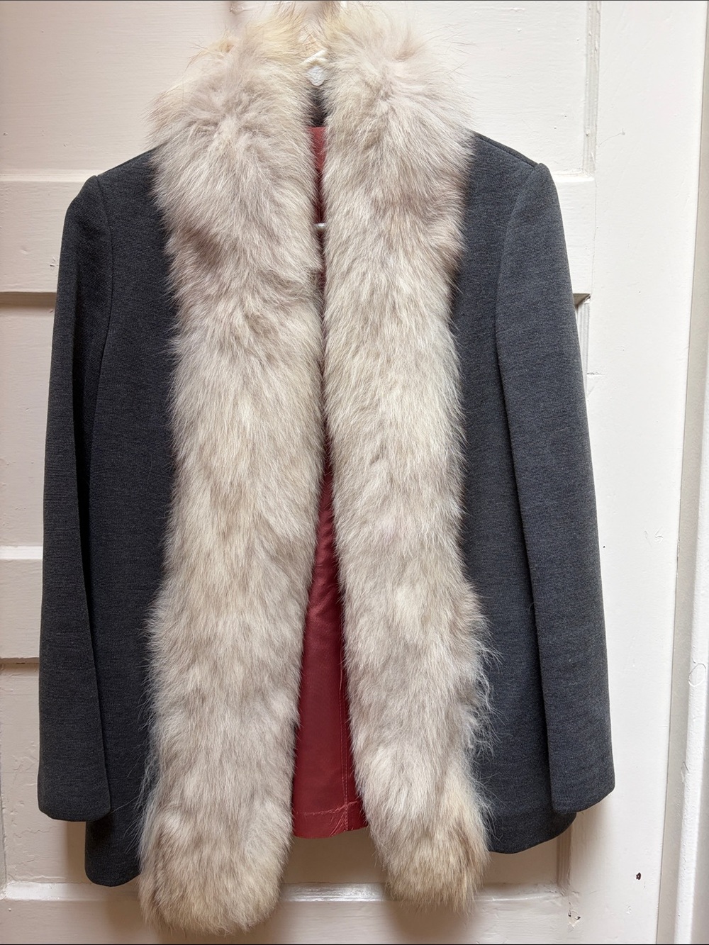 Vintage charcoal-lined wool Blazer with Cream Fur Trim